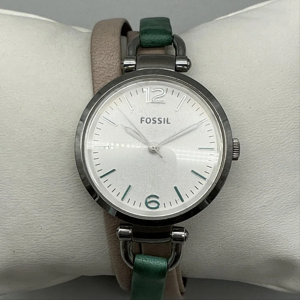 Fossil Georgia ES3224 Women Watch 32mm Silver Dial Green Tan Leather New Battery